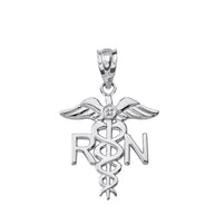 .925 Sterling Silver CZ Registered Nurse RN Caduceus Pendant Necklace