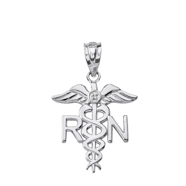 .925 Sterling Silver CZ Registered Nurse RN Caduceus Pendant Necklace