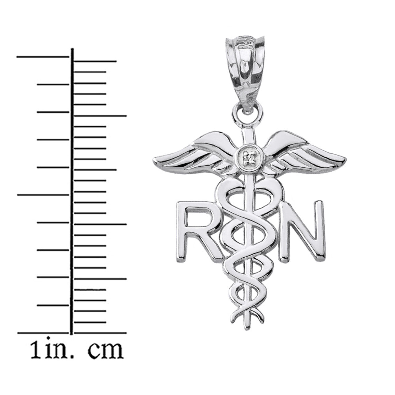 .925 Sterling Silver CZ Registered Nurse RN Caduceus Pendant Necklace