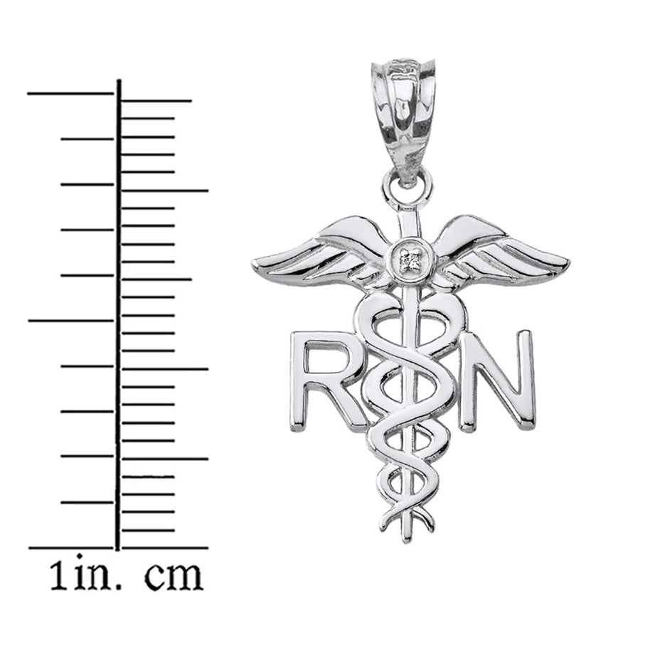 .925 Sterling Silver CZ Registered Nurse RN Caduceus Pendant Necklace