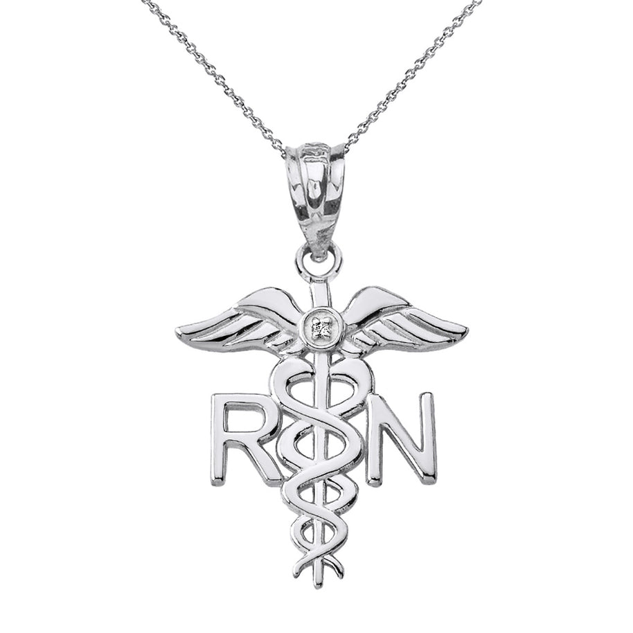 .925 Sterling Silver CZ Registered Nurse RN Caduceus Pendant Necklace