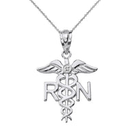.925 Sterling Silver CZ Registered Nurse RN Caduceus Pendant Necklace