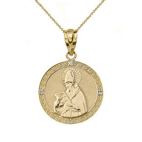 Solid Gold Engravable Diamond Saint Augustine Oval Pendant Necklace (Large1.20
