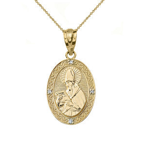 Solid Gold Engravable Diamond Saint Augustine Oval Pendant Necklace (Large1.20