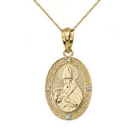 Solid Gold Engravable Diamond Saint Augustine Oval Pendant Necklace (Large1.20