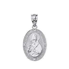 Sterling Silver Engravable CZ Saint Anthony Pray For Us Oval Pendant Necklace 1.04"