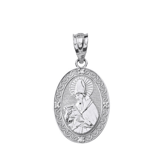 Sterling Silver Engravable CZ Saint Augustine Oval Pendant Necklace 1.04