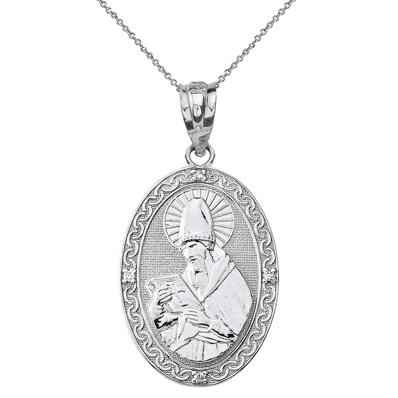 Solid Gold Engravable Diamond Saint Augustine Oval Pendant Necklace (Large1.20