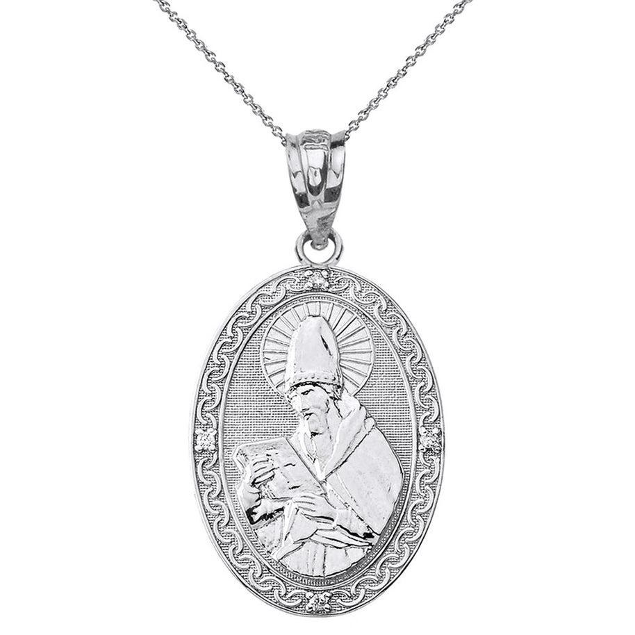 Solid Gold Engravable Diamond Saint Augustine Oval Pendant Necklace (Large1.20