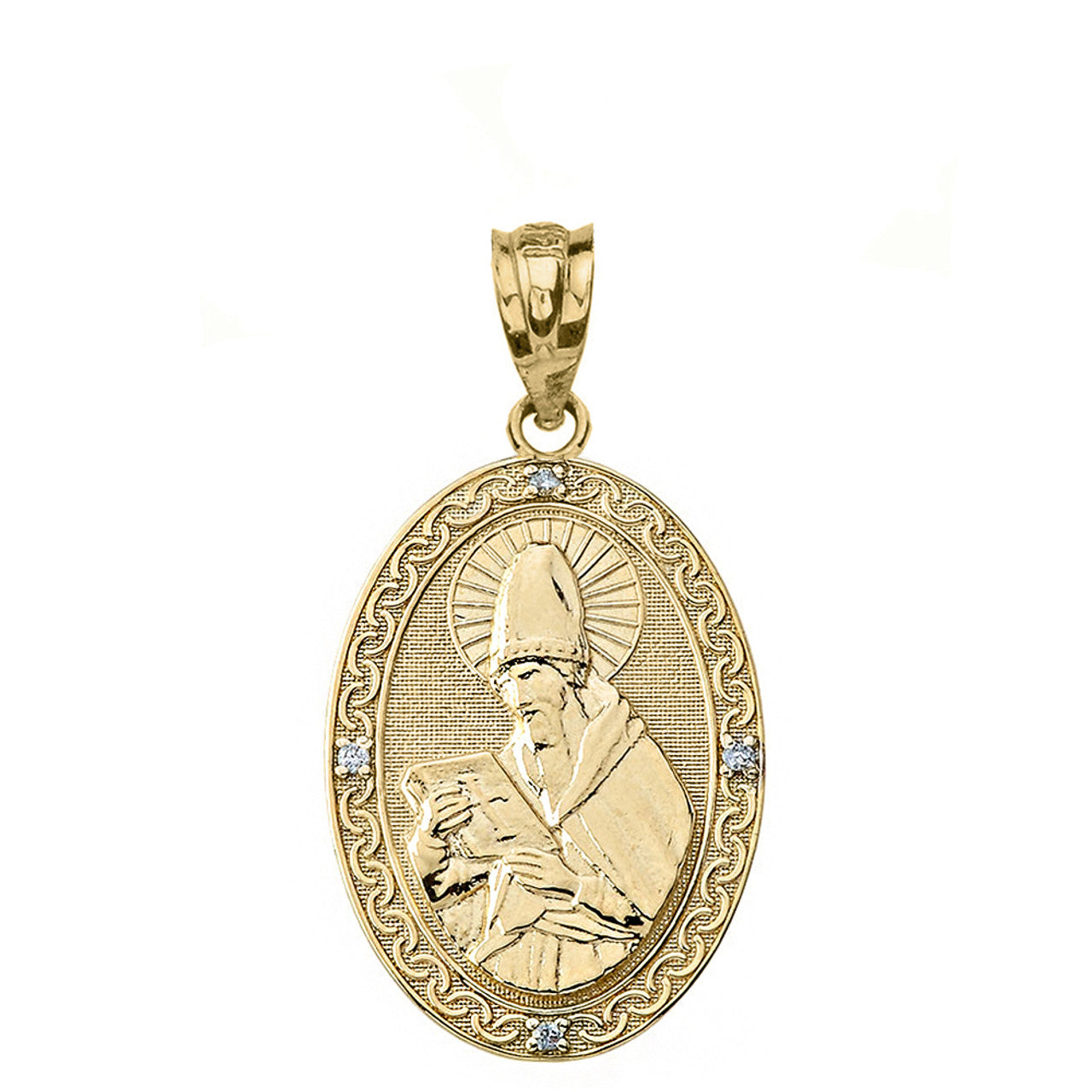 Solid Gold Engravable Diamond Saint Augustine Oval Pendant Necklace (Large1.20
