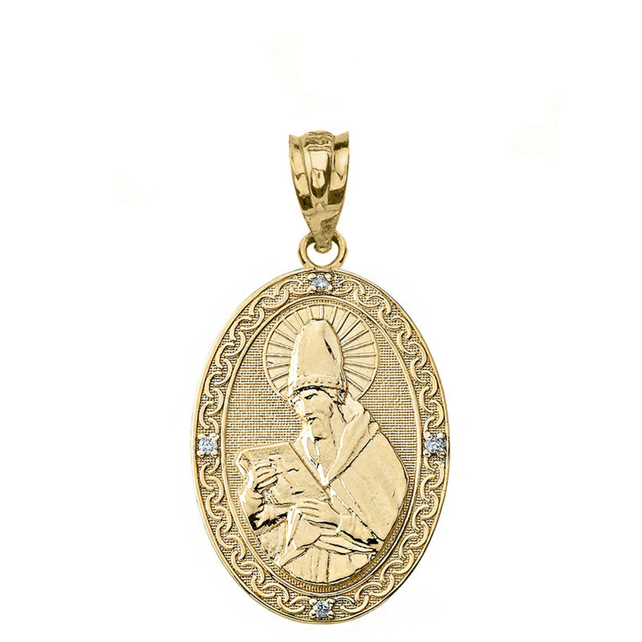 Solid Gold Engravable Diamond Saint Augustine Oval Pendant Necklace (Large1.20