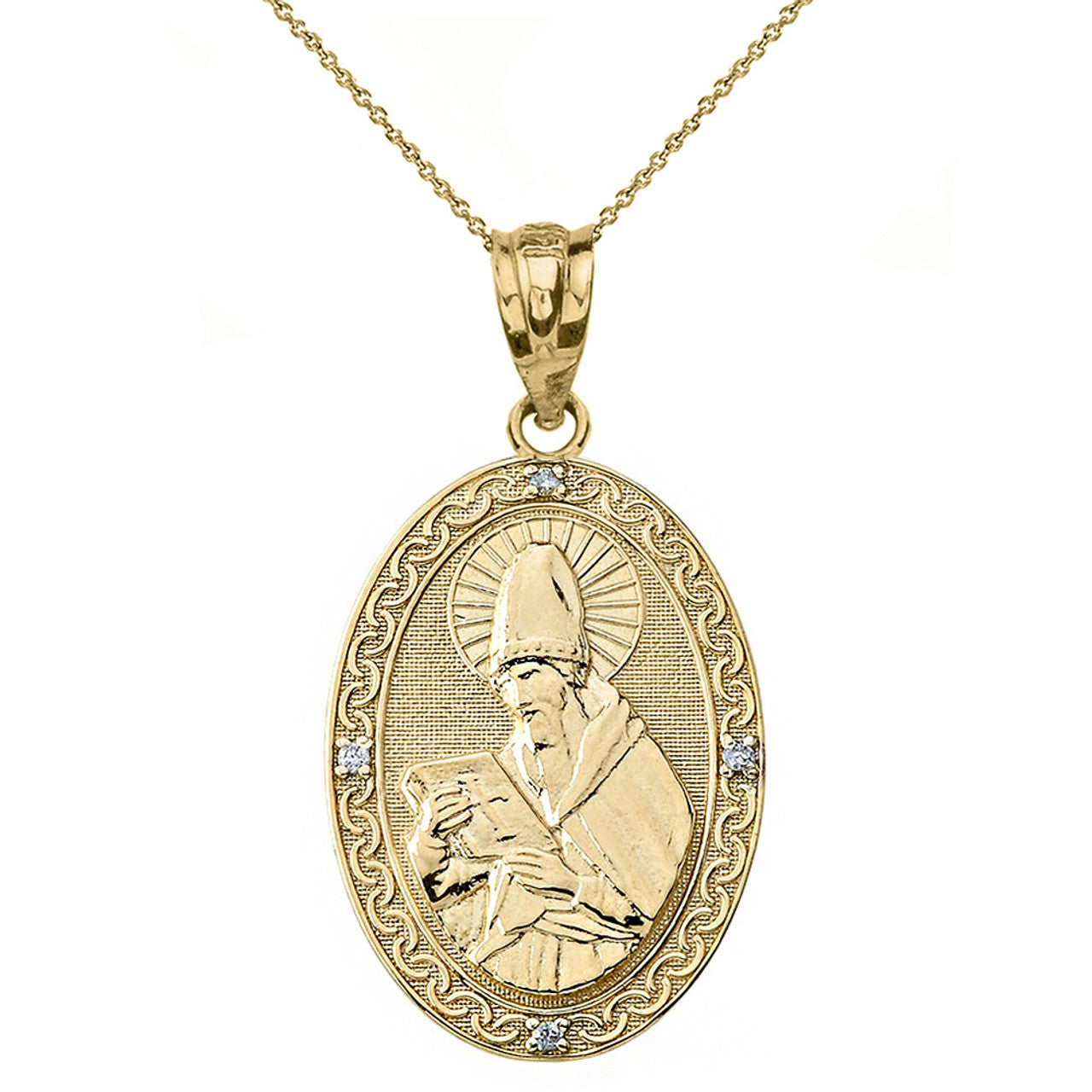 Solid Gold Engravable Diamond Saint Augustine Oval Pendant Necklace (Large1.20