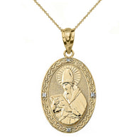 Solid Gold Engravable Diamond Saint Augustine Oval Pendant Necklace (Large1.20