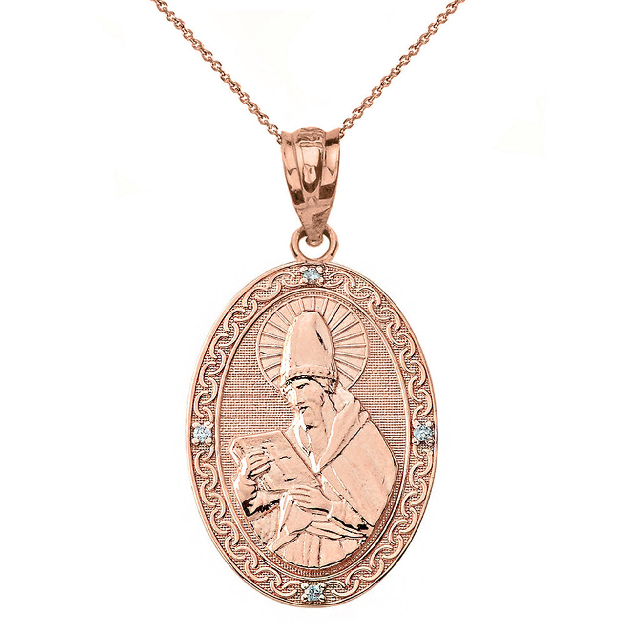 Solid Gold Engravable Diamond Saint Augustine Oval Pendant Necklace (Large1.20