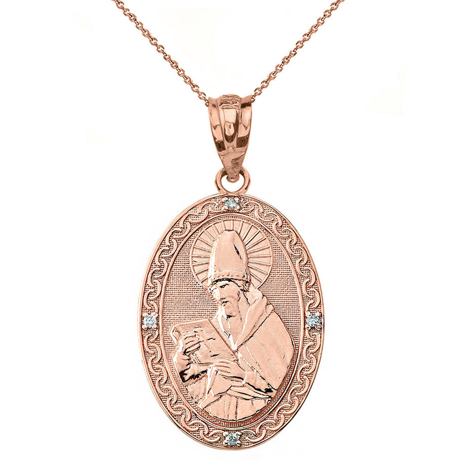 Solid Gold Engravable Diamond Saint Augustine Oval Pendant Necklace (Large1.20
