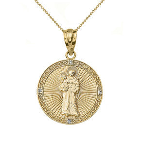 Solid Gold Engravable Diamond Saint Anthony Pray For Us Oval Pendant Necklace 1.20