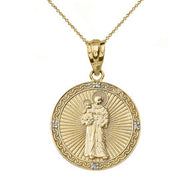 Solid Gold Engravable Diamond Saint Anthony Pray For Us Oval Pendant Necklace 1.20