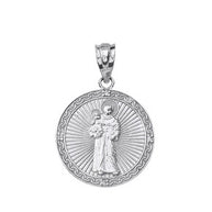 Sterling Silver Engravable CZ Saint Anthony Pray For Us Oval Pendant Necklace 1.04
