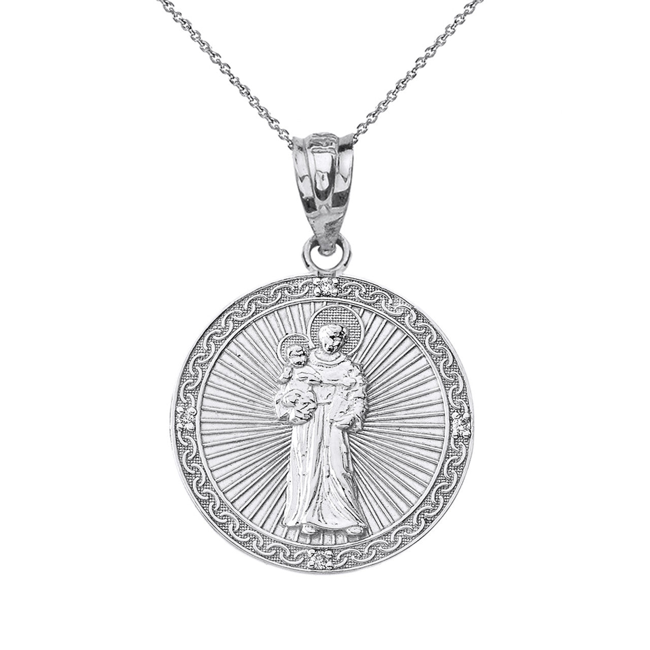 Sterling Silver Engravable CZ Saint Anthony Pray For Us Circle Pendant Necklace 1.06