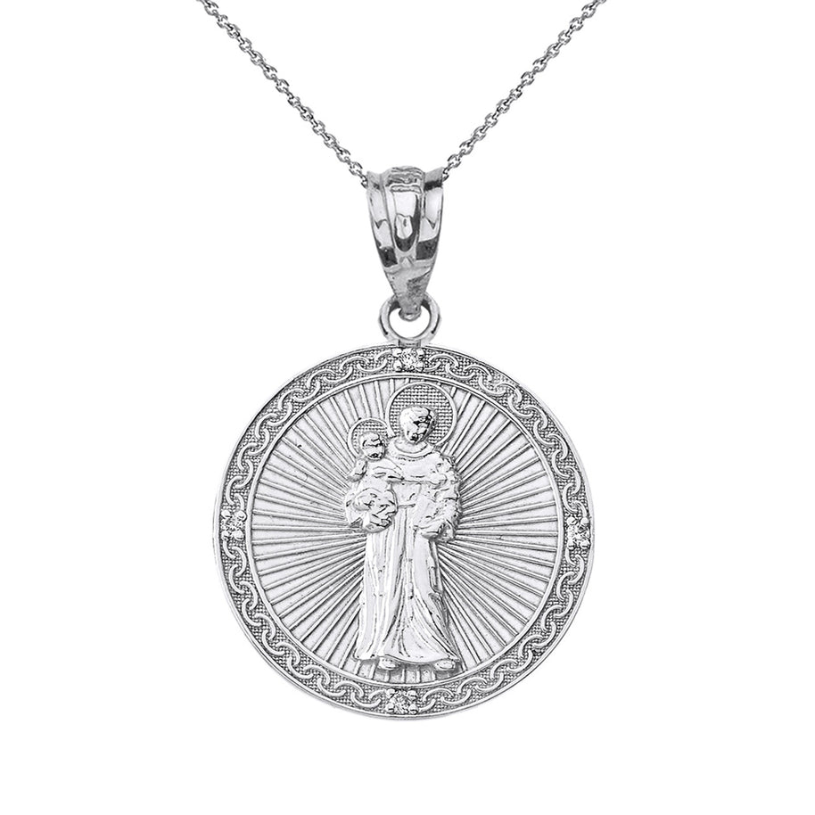 Sterling Silver Engravable CZ Saint Anthony Pray For Us Circle Pendant Necklace 1.06"