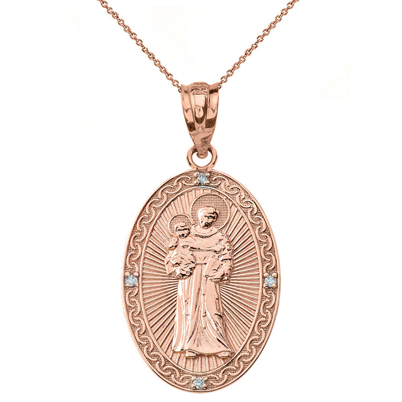 Solid Gold Engravable Diamond Saint Anthony Pray For Us Oval Pendant Necklace 1.20