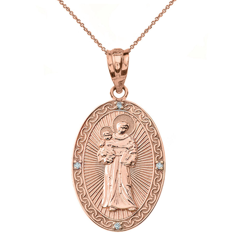 Solid Gold Engravable Diamond Saint Anthony Pray For Us Oval Pendant Necklace 1.20
