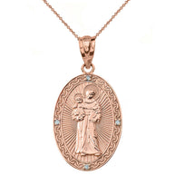 Solid Gold Engravable Diamond Saint Anthony Pray For Us Oval Pendant Necklace 1.20