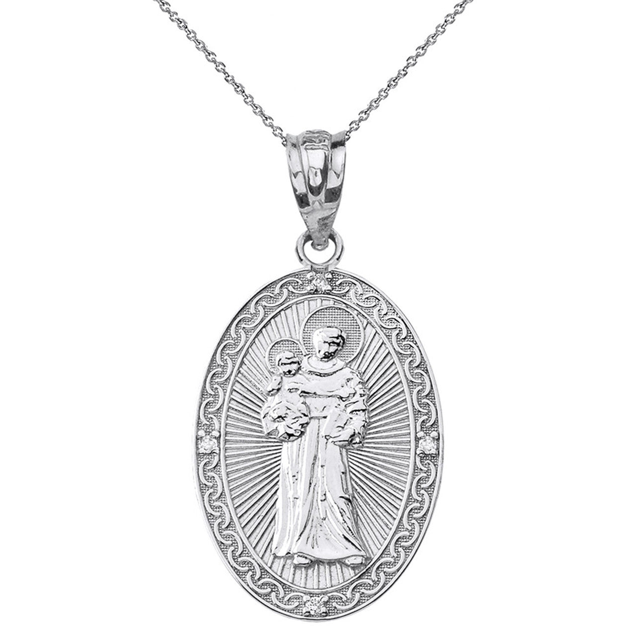 Solid Gold Engravable Diamond Saint Anthony Pray For Us Oval Pendant Necklace 1.20