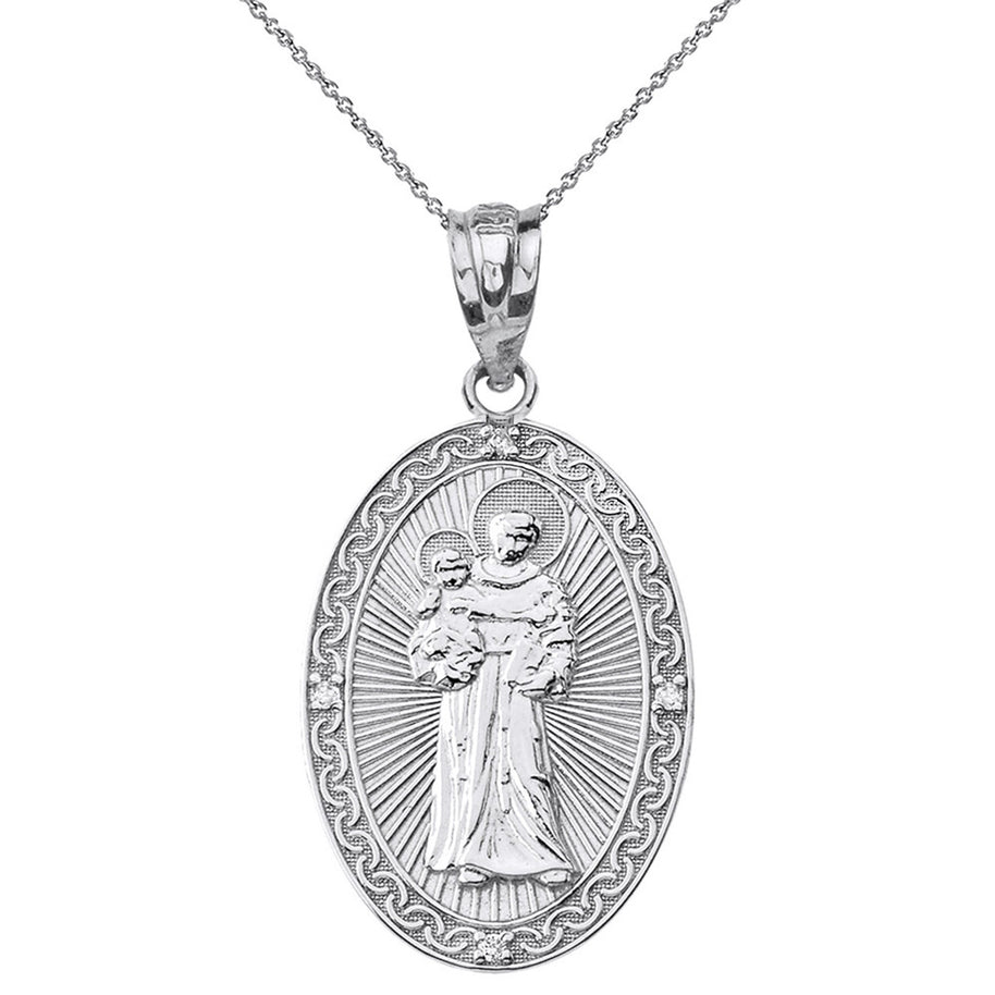 Solid Gold Engravable Diamond Saint Anthony Pray For Us Oval Pendant Necklace 1.20