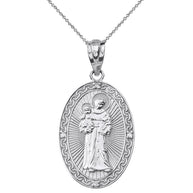 Solid Gold Engravable Diamond Saint Anthony Pray For Us Oval Pendant Necklace 1.20