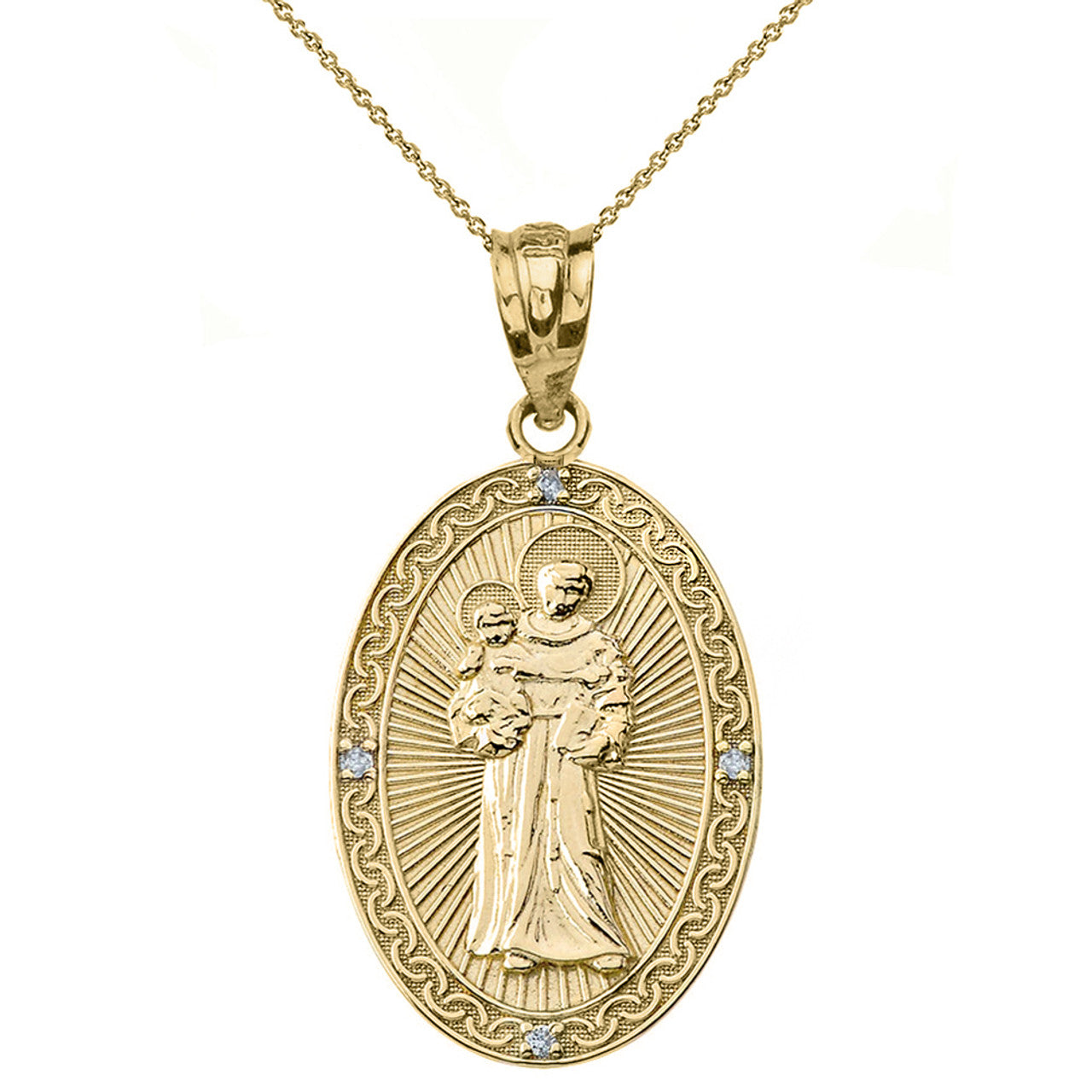 Solid Gold Engravable Diamond Saint Anthony Pray For Us Oval Pendant Necklace 1.20