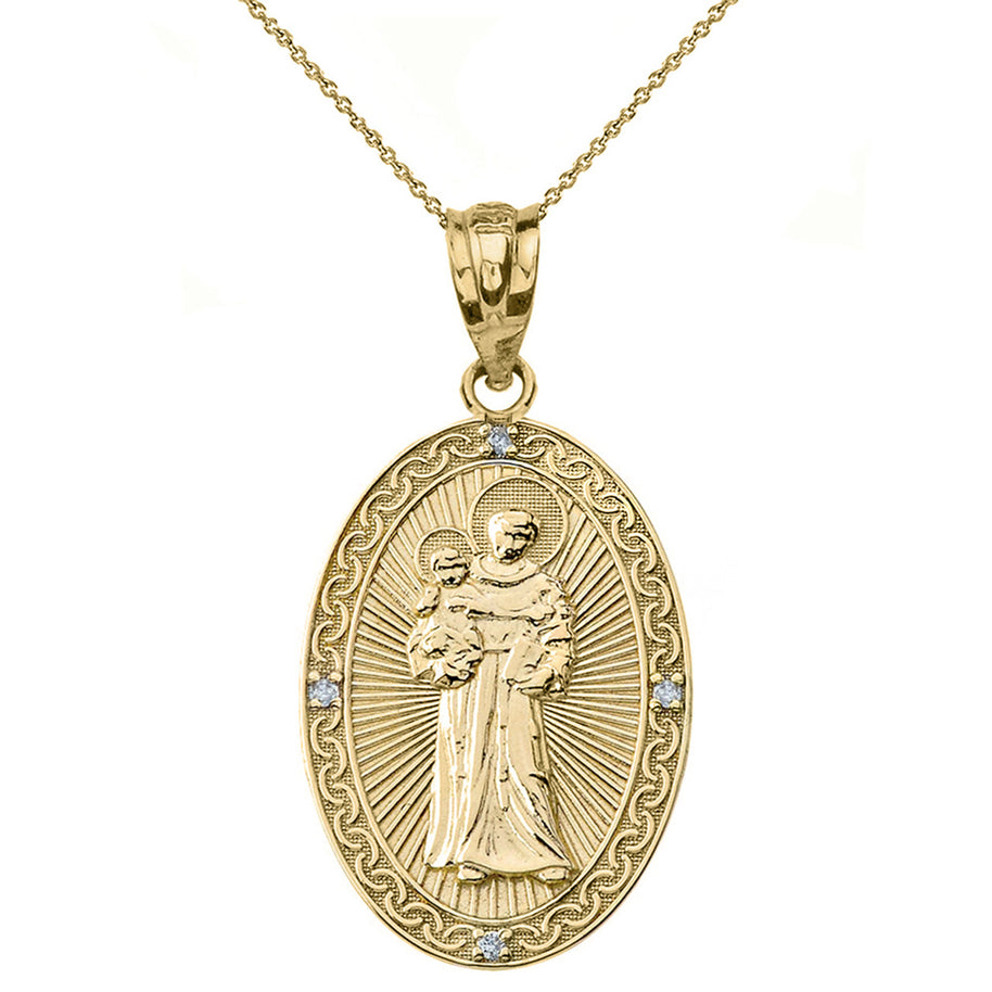 Solid Gold Engravable Diamond Saint Anthony Pray For Us Oval Pendant Necklace 1.20
