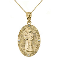 Solid Gold Engravable Diamond Saint Anthony Pray For Us Oval Pendant Necklace 1.20