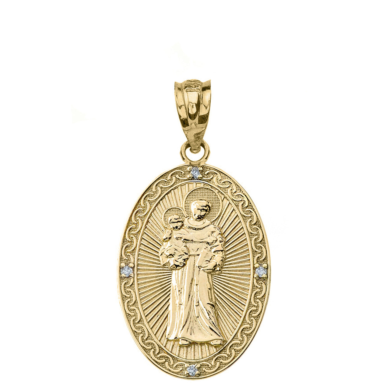 Solid Gold Engravable Diamond Saint Anthony Pray For Us Oval Pendant Necklace 1.20