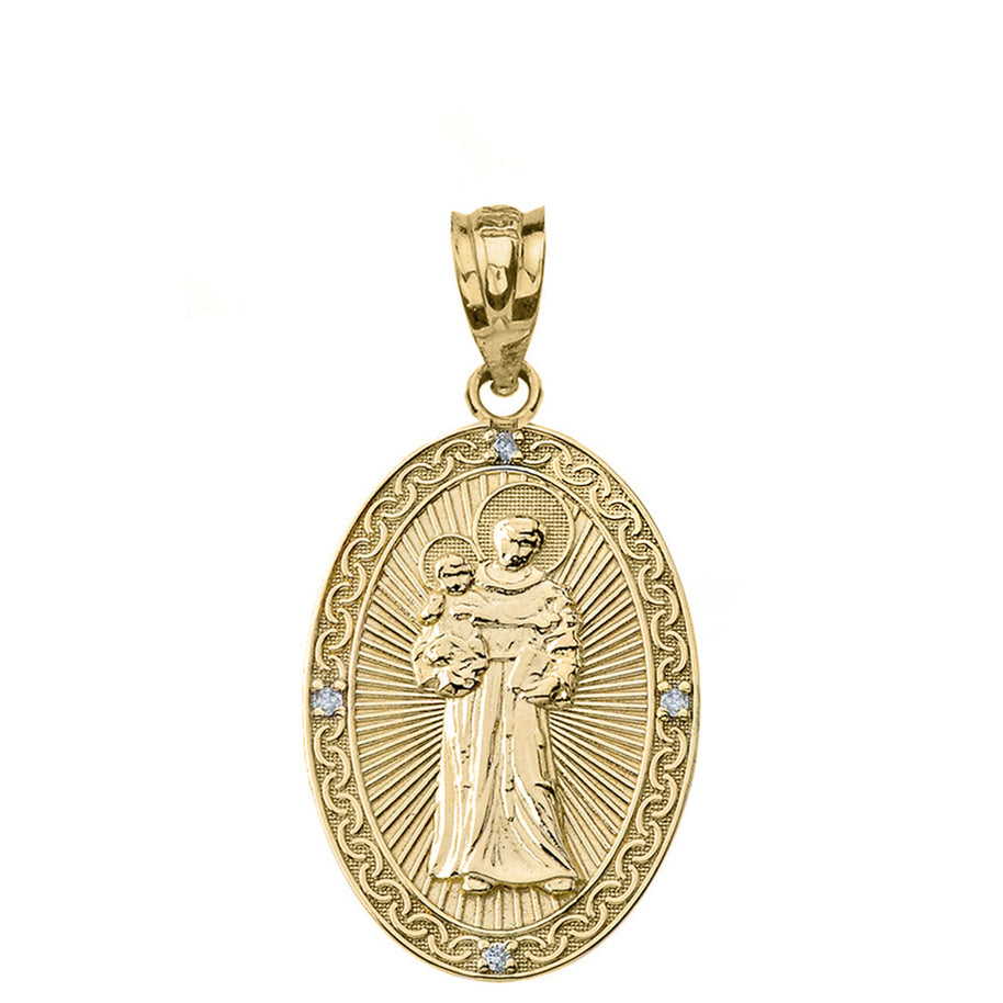 Solid Gold Engravable Diamond Saint Anthony Pray For Us Oval Pendant Necklace 1.20