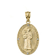 Solid Gold Engravable Diamond Saint Anthony Pray For Us Oval Pendant Necklace 1.20