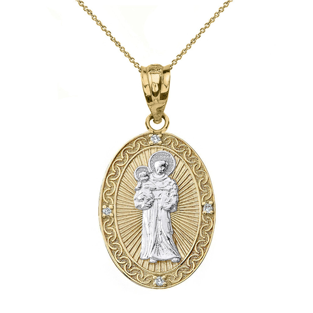 Solid Gold Engravable Diamond Saint Anthony Pray For Us Oval Pendant Necklace 1.04