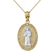 Solid Gold Engravable Diamond Saint Anthony Pray For Us Oval Pendant Necklace 1.04