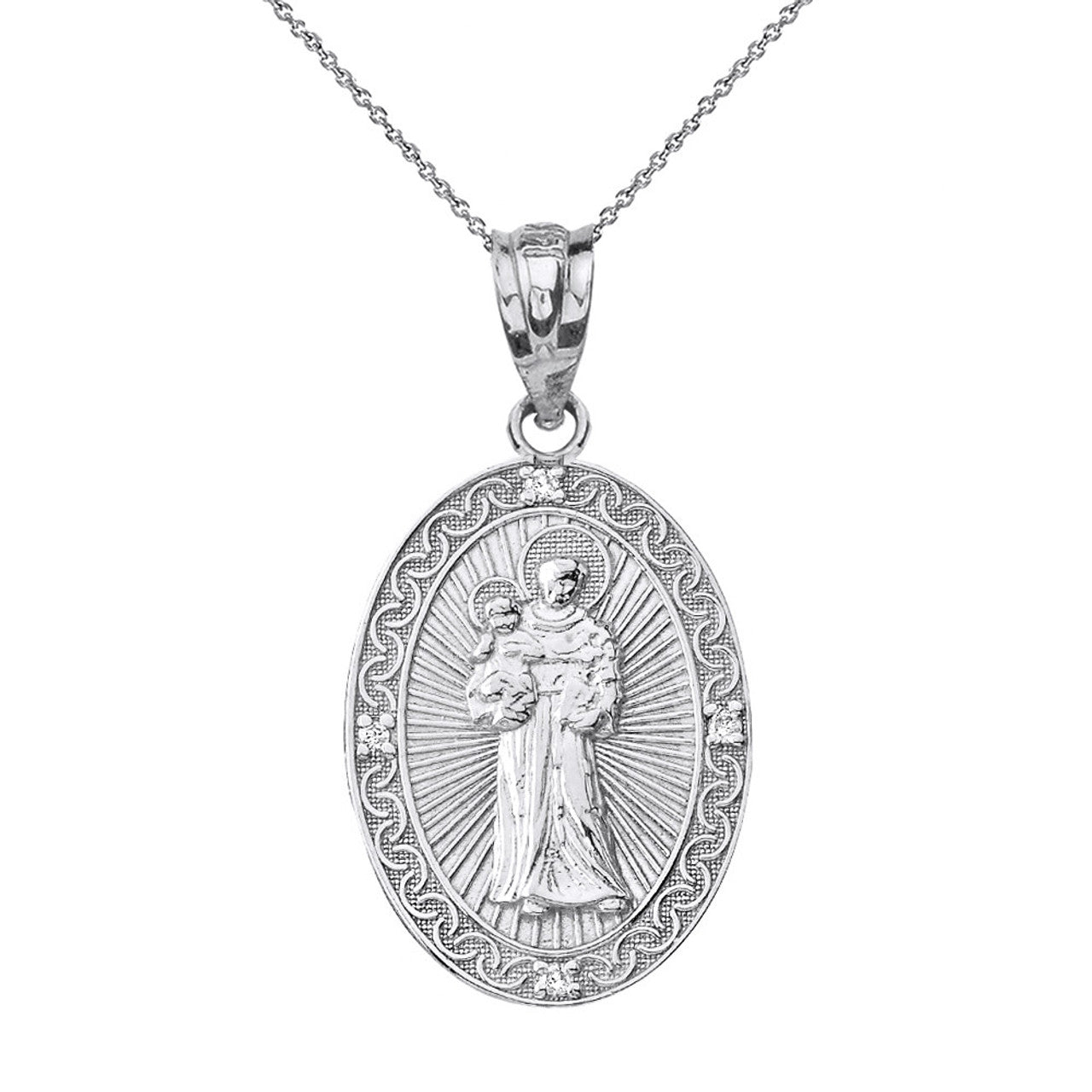 Solid Gold Engravable Diamond Saint Anthony Pray For Us Oval Pendant Necklace 1.04