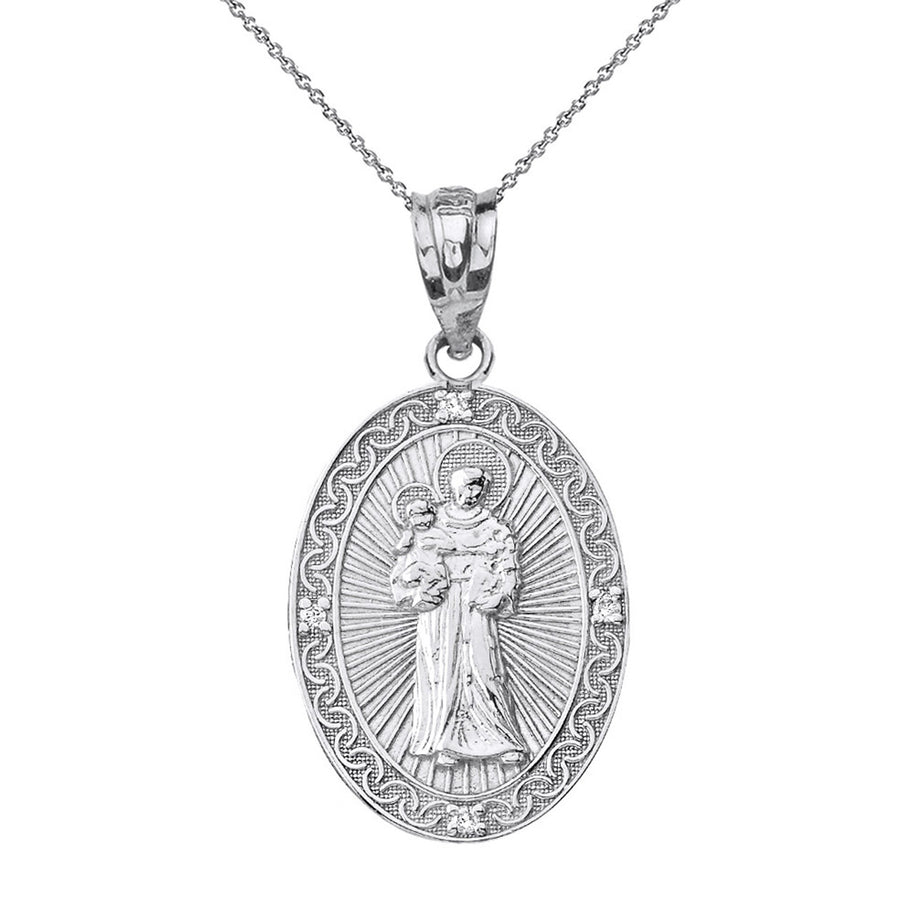 Solid Gold Engravable Diamond Saint Anthony Pray For Us Oval Pendant Necklace 1.04
