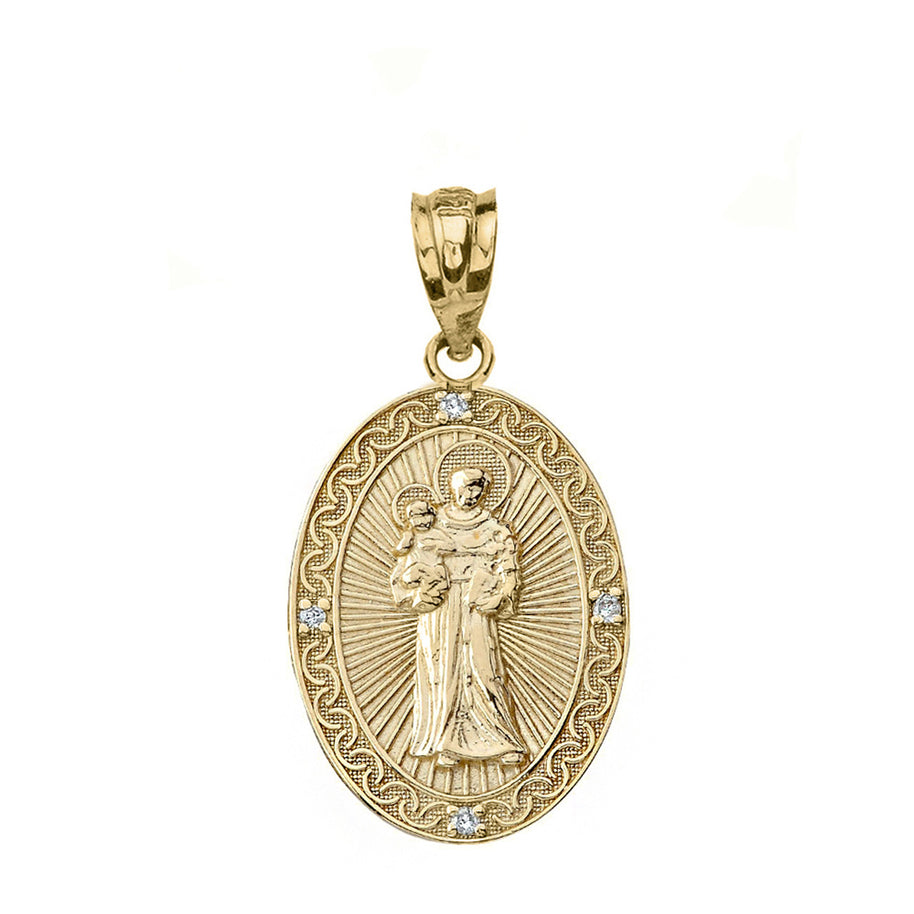 Solid Gold Engravable Diamond Saint Anthony Pray For Us Oval Pendant Necklace 1.04