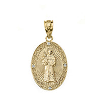 Solid Gold Engravable Diamond Saint Anthony Pray For Us Oval Pendant Necklace 1.04