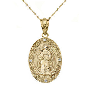 Solid Gold Engravable Diamond Saint Anthony Pray For Us Oval Pendant Necklace 1.20