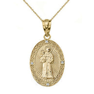 Solid Gold Engravable Diamond Saint Anthony Pray For Us Oval Pendant Necklace 1.20