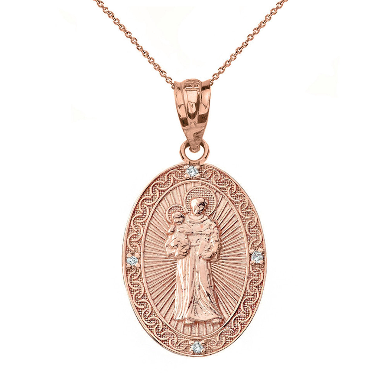 Solid Gold Engravable Diamond Saint Anthony Pray For Us Oval Pendant Necklace 1.04