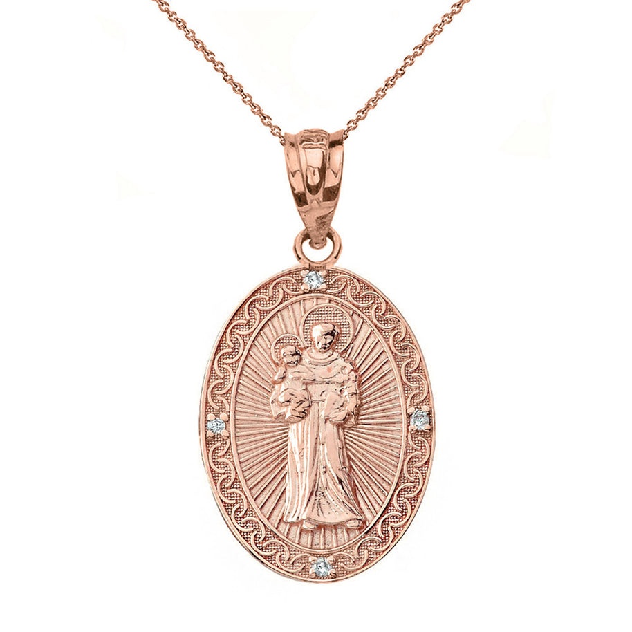 Solid Gold Engravable Diamond Saint Anthony Pray For Us Oval Pendant Necklace 1.04