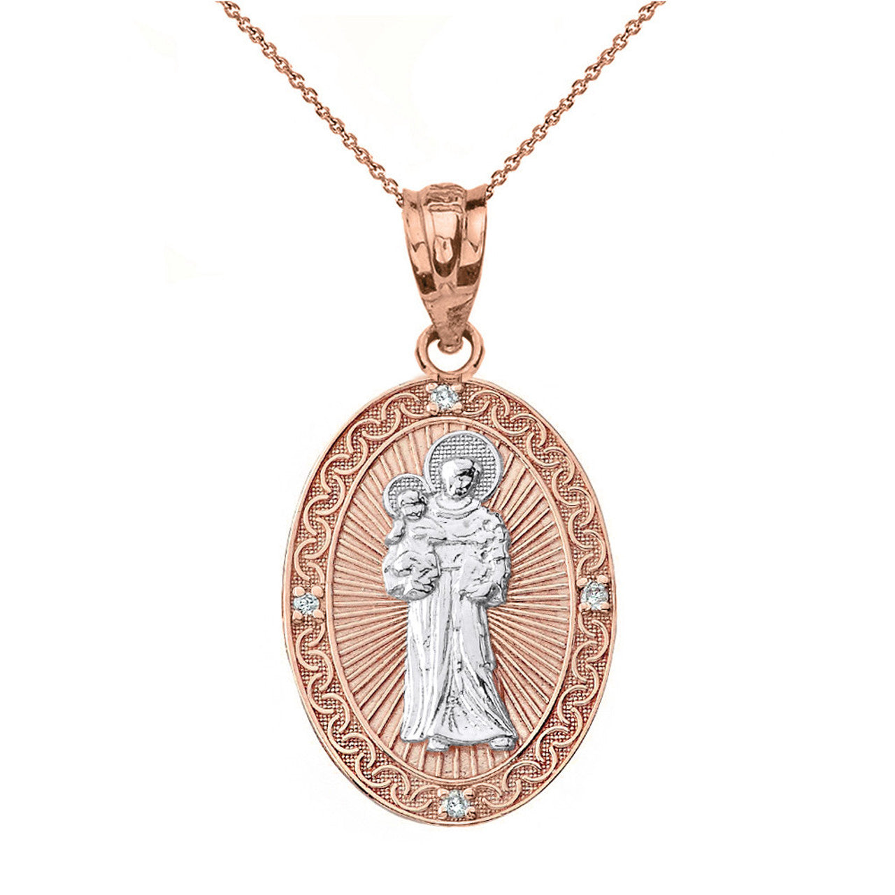 Solid Gold Engravable Diamond Saint Anthony Pray For Us Oval Pendant Necklace 1.04