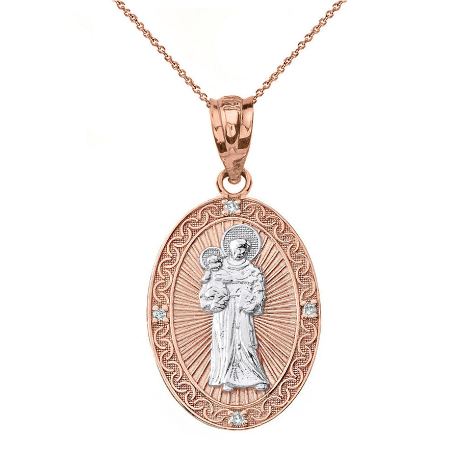 Solid Gold Engravable Diamond Saint Anthony Pray For Us Oval Pendant Necklace 1.04