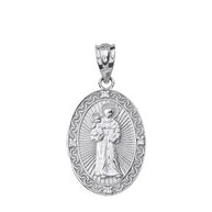 Sterling Silver Engravable CZ Saint Valentine Pray For Us Oval Pendant Necklace (1.04