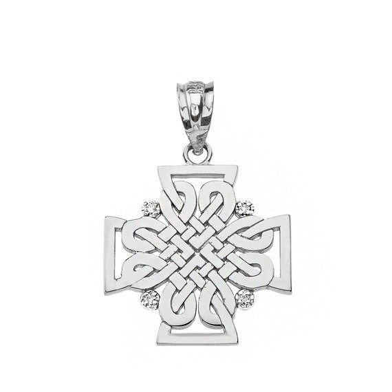.925 Sterling Silver Cubic Zirconia Celtic Knot Irish Cross Pendant Necklace